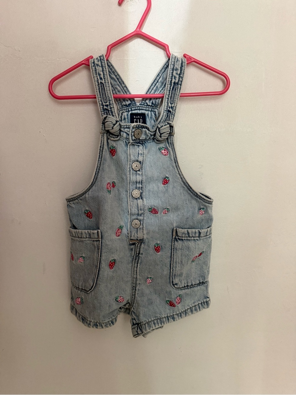 GAP Light Wash Denim Strawberry Shortalls with Pink & Red Embroidery